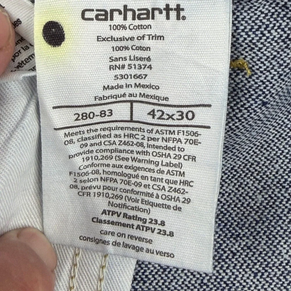 Carhartt Mens FR Flame Resistant Denim Work‎ Jeans 42x30 Blue 280-83 NFPA 2112